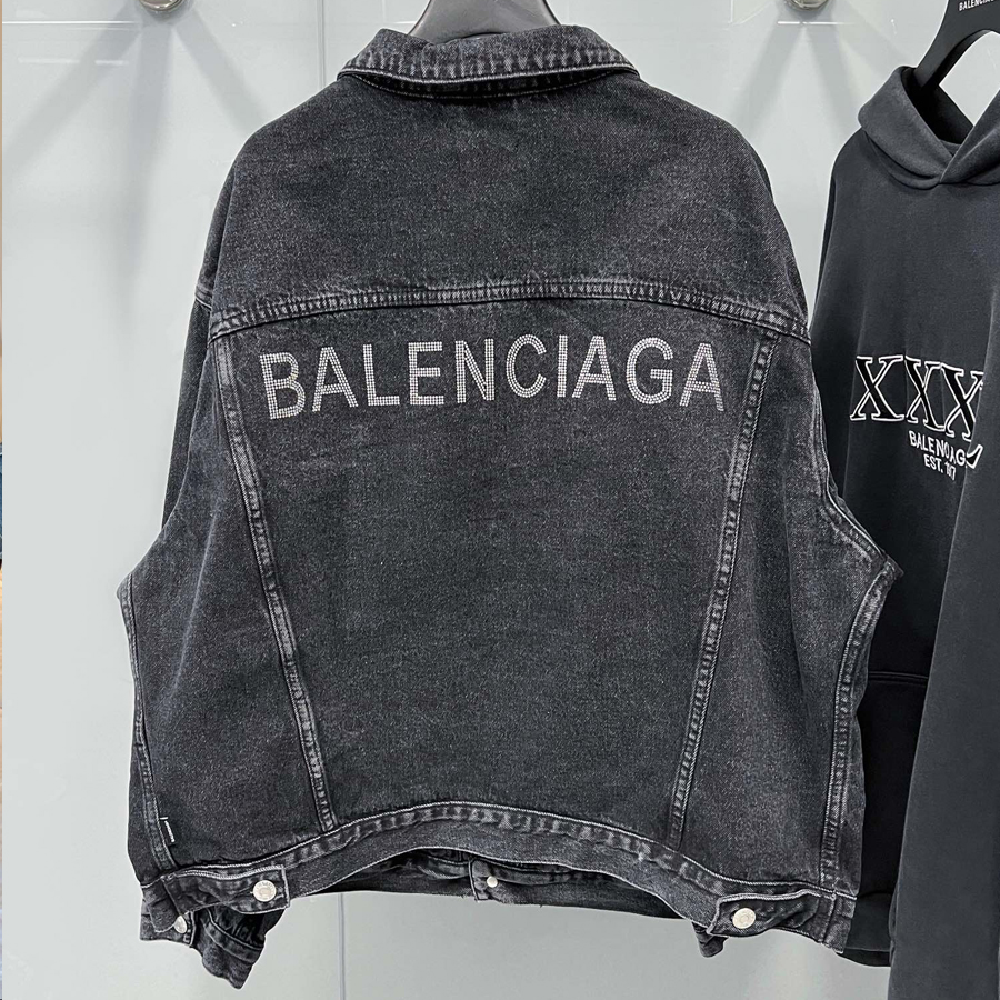 實拍 BALENCIA** 巴黎*家 新款 背後燙鑽 LOGO 印花 牛仔外套 外套 牛仔 上衣 男女